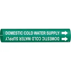 Snap-on pipe marker for identifying domestic cold water supply lines. Green background with white legend and directional arrows. Fits pipe outer diameters from 3/4 to 1-3/8 inches. Used in industrial piping systems to clearly indicate pipe contents and flow direction.