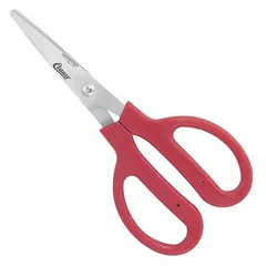 These plastic-handle scissors feature straight, pointed stainless steel blades with a 7-inch overall length. The red handles are designed for ambidextrous use, suitable for both left- and right-handed users. Commonly used for cutting stems and light trimming in floral, gardening, and craft applications.