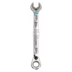This SAE spline ratcheting combination wrench features an offset design for improved access to fasteners. Constructed from alloy steel with a nickel chrome finish, it has an 11/16 in head size and a 9 1/8 in overall length. Suitable for tightening and loosening fasteners in confined spaces during maintenance and assembly tasks.