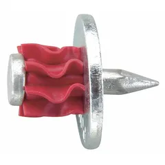 Pack of 100 pins with attached washers for use with powder-actuated tools. Designed for fastening materials to concrete or steel in construction and installation applications. Head diameter 0.3 in, shank diameter 0.15 in.