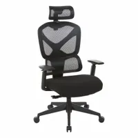 Black fabric and mesh office chair with a 23-inch back height and swivel function. Adjustable arms provide ergonomic support for tasks requiring mobility and back support. Suitable for industrial or office environments