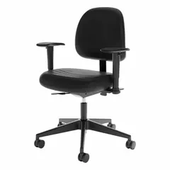 This adjustable-arm office chair from CRAMER features a black finish, 15-inch back height, and 19 1/2-inch seat width and depth. Suitable for use in workstations, control rooms, labs, or assembly areas where ergonomic seating is required.