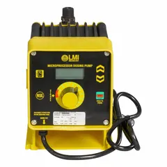 This compact solenoid-driven diaphragm metering pump features a 316 stainless steel head, PTFE diaphragm, and 316 SS check balls, fittings, and seals. It operates on 115V AC and offers reproducibility of ±1.0%. Suitable for precise chemical dosing in industrial water treatment, chemical processing, and manufacturing applications where aggressive fluids are handled.