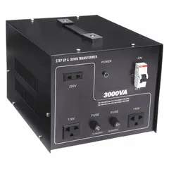 Single-phase voltage converter with 3 kVA power rating, operating at 50/60 Hz. Converts voltage between 110V AC and 220V AC. Includes a circuit breaker for overcurrent protection. Suitable for voltage conversion applications in industrial settings, workshops, and field operations.