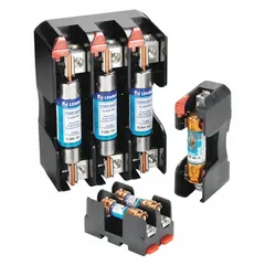 Two-pole open block fuse block for UL Class RK1 and RK5 fuses, rated 250 V AC. Features pressure plate terminals for secure wire connections and non-indicating design. Used in industrial control panels, motor circuits, and power distribution systems for branch circuit protection.