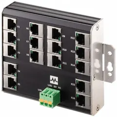 Unmanaged wall-mount Ethernet switch with 16 RJ45 ports supporting 100 Mbps network speed. Features auto-negotiation for automatic speed and duplex adjustment. IP20 rated for indoor use in control cabinets or production areas. Suitable for connecting multiple devices in a local area network.