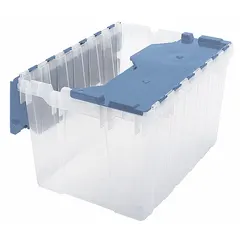 This plastic tote features a clear body for visual content identification and a blue attached lid that secures contents. The two-piece lid design allows easy access. Typical applications include organizing and storing parts, tools, or supplies in industrial, warehouse, and workshop settings.