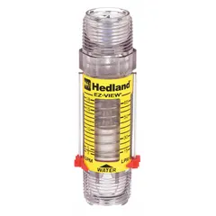 This HEDLAND flowmeter is an inline variable area meter for water, with a scale display reading in gallons. It offers +/-5% accuracy and universal mounting orientation. Buna-N seals and O-rings are used. Suitable for monitoring flow in water lines, cooling circuits, and process systems.