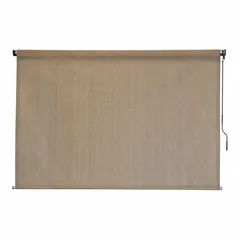 This pole-and-crank-operated sun shade from the Regal Series features a 6 ft fabric height in light brown and provides 87% UV protection. It is designed for right-side operation and includes a bungee-and-hook tie-down system for secure fastening. Suitable for shading patios, decks, and outdoor seating areas.