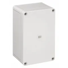 Fiberglass reinforced polycarbonate enclosure with solid cover, screw closure, and NEMA 4X rating. Measures 10 x 14 x 4 inches. No knockouts included. Suitable for protecting electrical components in environments requiring corrosion resistance and washdown capability.