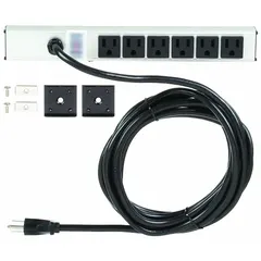 This industrial power strip provides 6 outlets for distributing power to multiple devices. It features a 15 ft cord and a 15 A current rating. The clip mounting style allows secure attachment to workbenches or equipment. Suitable for general industrial use; not UL rated for healthcare environments.