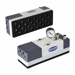 This vacuum gripping system features 24 suction cells and 3 ejectors, with a 220 mm overall length. It is designed for automated handling of porous or irregular workpieces in industrial packaging, logistics, and assembly applications. The system is normally open and includes a foam component.