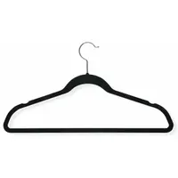 This flocked non-slip clothes hanger features a black velvet coating that helps prevent garments from slipping. It includes notches for securing straps or delicate items. Suitable for home, retail, or laundry use, the hanger measures 9 1/2 inches in height, 17 3/4 inches in width, and 3/16 inches in thickness