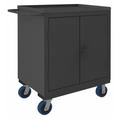 Fully assembled mobile cabinet bench constructed from steel with a gray finish. Includes drawers and shelves for organized storage, plus a handle on the side for mobility. Overall load capacity of 1,900 lb supports heavy tools and parts in industrial workshops and garages.