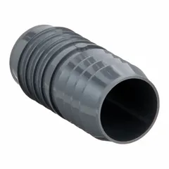 This PVC barbed coupling joins two lengths of 1 1/4 in ID flexible hose or tubing for low-pressure fluid transfer. The barbed ends provide a secure, leak-resistant connection in water, chemical, or pneumatic lines. Suitable for industrial fluid-handling systems such as machining and material handling.