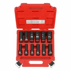 This 11-piece SAE impact socket set features a 1/2 in drive size with sockets ranging from 3/8 in to 1-1/16 in. A friction retention mechanism secures sockets on the anvil. Suitable for heavy-duty fastening tasks with impact wrenches in automotive repair, construction, and industrial maintenance.
