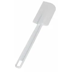 This CRESTWARE spatula features a plastic blade and plastic handle with an overall length of 16 1/2 inches and a blade width of 2 3/4 inches. The non-scratch plastic blade is suitable for use with nonstick cookware. It is not NSF certified and is not dishwasher safe. Commonly used for mixing, scraping, and spreading in food preparation.