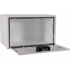 This single drop-down door box is constructed from white steel and features a keyed lock for security. It is designed for underbody mounting on trucks, providing weather-resistant storage for tools and equipment in service vehicles and fleet maintenance applications.