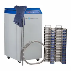 Stainless steel cryogenic storage system with 11 1/2 in overall diameter. Includes CryoGloves for handling. Used for long-term preservation of biological samples at ultra-low temperatures in laboratory and biobank settings.