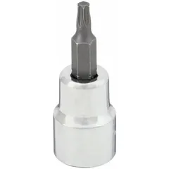This Torx bit socket features a T15 tip size and a 3/8 in drive for use with standard ratchets and torque wrenches. The fixed insert design provides a secure connection for driving T15 Torx fasteners. Overall length is 1 13/16 in. Suitable for assembly, maintenance, and repair tasks requiring Torx fasteners.