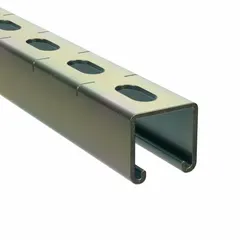 12-gauge steel slotted strut channel with electroplated gold finish. Features half-slotted holes (9/16 in x 7/8 in) spaced 1-1/2 in center to center. Used for structural support and framing in industrial, commercial, and infrastructure applications, providing a versatile mounting system for piping, conduit, cable trays, and mechanical equipment.