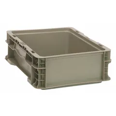 This plastic straight-wall container measures 12 in x 15 in x 5 in and is stacking capable for vertical storage. The gray tote is suited for organizing parts, tools, or inventory in warehouses and industrial settings.