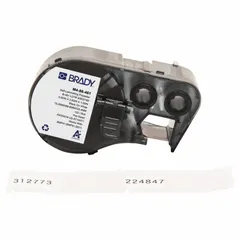 Rectangle thermal transfer precut label roll cartridge for BMP51 printer. Black on white, 19/32 in x 2 5/8 in. Temperature range -321°F to 230°F. Supports vial/tube sizes 1.0 to 8.0 mL. Used for labeling vials and tubes in laboratory or industrial settings.