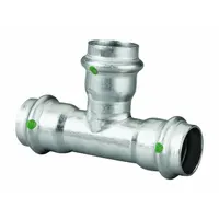 This stainless steel press tee fitting joins three 2-inch copper tube size pipes in potable water systems. It uses a rubber seal and crimp connection method for secure, leak-proof joints in residential or commercial plumbing