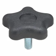 Plastic knob with steel threaded stud. Thread size 3/8"-16, thread length 1 in. Used for manual adjustment and fastening on machinery, jigs, and fixtures.