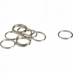 Metal split key ring with nickel-plated finish in gray. 1-inch diameter. Supplied in a 10-pack. Used for organizing and securing keys in industrial environments, such as tagging equipment or managing facility access keys.