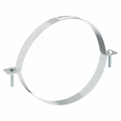 Steel duct hanger designed for supporting round ducts in HVAC systems. Fits 10-inch diameter ducts. Includes bolts for fastening. Measures 12 inches in length by 10 inches in width.