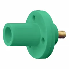 Male single pole receptacle with straight taper nose mating and threaded stud terminations. Rated 150 A. Green housing. Used in industrial power distribution systems for connecting high-current equipment in panel boards, switchgear, and heavy machinery.