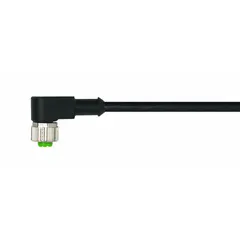 Single-ended cordset with M12 female right-angle connector and bare wire end. 5 pins, 22 AWG, 10 m cable length, black PUR jacket. Rated 4 A, IP66K. Suitable for sensor/actuator connections in industrial environments requiring resistance to oils and abrasion.
