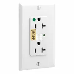 This LEVITON duplex receptacle is rated 125V AC, 20 A, with NEMA 5-20R configuration, 2 pole / 3 wire grounding, in a white finish. It is designed for general purpose power delivery in settings requiring enhanced impact resistance and retention force, such as healthcare facilities, clinics, and laboratories.