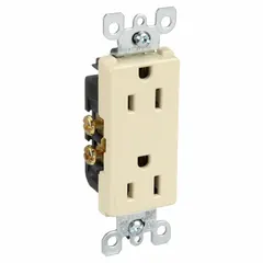General-purpose duplex receptacle with NEMA 5-15 configuration, rated 125V AC and 15 A. Features 2 pole/3 wire grounding in an ivory decorator style. Suitable for flush mounting in standard outlet boxes for power distribution in residential, commercial, and light industrial environments.