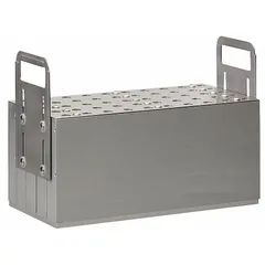 Aluminum dry bath block with 10 wells, each 75 mm in diameter, for 150 mL vessels. Includes a thermometer well for temperature monitoring. Overall dimensions: 15 x 15 inches. Used for heating or incubating samples in laboratory settings.