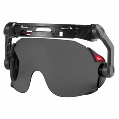 This clip-on eye visor attaches to hard hats for integrated eye protection. The gray polycarbonate lens reduces glare while the anti-fog and scratch-resistant coatings maintain clear vision. Suitable for construction, manufacturing, and maintenance environments requiring both head and eye protection.
