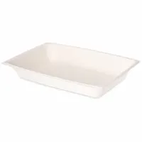 Rectangular high-heat plastic plate with one compartment, measuring 7 5/8 in length, 5 1/4 in width, and 1 1/8 in height. Microwave safe for reheating. Suitable for serving single-portion meals in foodservice settings