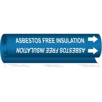 Wrap-around pipe marker for identifying pipes carrying asbestos-free insulation. Blue background with white legend text and directional arrows. Fits pipe outer diameters from 1-1/2 to 2-3/8 inches. Suitable for use in industrial facilities to label insulation type