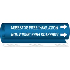 Wrap-around pipe marker for identifying pipes carrying asbestos-free insulation. Blue background with white legend text and directional arrows. Fits pipe outer diameters from 1-1/2 to 2-3/8 inches. Suitable for use in industrial facilities to label insulation type.