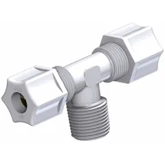 Acetal copolymer tube fitting with 3/4 in OD x 3/4 in OD x 1/2 in MNPT connections, rated for 220 psi. White color. FDA certified. Used in fluid or pneumatic systems to branch tubing to a male NPT port.