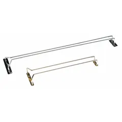 Hanging glass rack made of brass with a gold finish, 16 inches overall length. Designed for storing stemware and other glassware by hanging them upside down, commonly used in commercial bars, kitchens, or home wet bars to organize glasses and free up counter space.