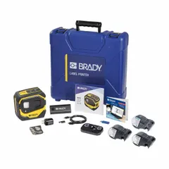 Bluetooth-connected portable label printer with 1-1/2" print width and 300 dpi resolution. Includes battery, AC adapter, pre-sized indoor/outdoor vinyl label cartridge, and Brady Workstation Safety and Facility Identification Software Suite. Used for on-site labeling in maintenance and facility identification tasks.
