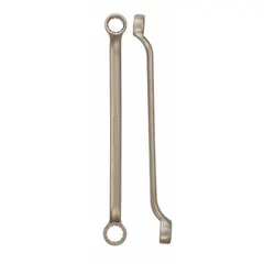 This nonsparking wrench is designed for use in hazardous environments where sparking tools are prohibited. It features double-ended 12-point box ends with head sizes of 1/2 inch and 19/32 inch, an offset configuration, and an overall length of 9 1/2 inches. Suitable for turning SAE fasteners in applications such as oil refineries and chemical plants.