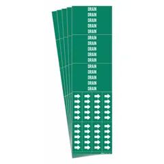 Green adhesive pipe marker with white 'Drain' legend and directional arrows. Designed for pipes with outside diameter of 3/4 in and smaller. Each pack contains 5 markers. Used for identifying drain lines in piping systems.