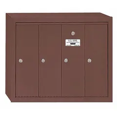 Vertical multi-unit mailbox with 4 front-access doors, surface mounting, and lockable design. Measures 19 inches high by 24 3/4 inches wide by 7 1/2 inches deep. Suitable for apartment buildings, condominiums, and commercial facilities requiring secure mail distribution to multiple tenants or departments.