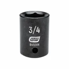 This 1/2" drive impact socket features a 3/4" SAE, 6-point standard configuration with a Black Oxide finish. Designed for use with impact wrenches in general-purpose fastening and loosening tasks, it is suited for applications requiring high torque, such as automotive repair and equipment maintenance.