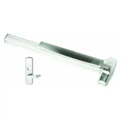 This VON DUPRIN mortise exit device features a touchbar style and is designed for doors up to 4 ft wide. It comes in a chrome finish with a lever outside trim and is ADA compliant. Suitable for commercial egress applications requiring code-compliant push-pad operation.