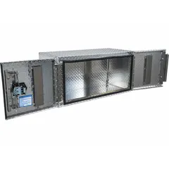 This double barn-door box from BUYERS PRODUCTS is designed for underbody mounting on work trucks. It features a silver finish, keyed lock for security, and an 18-inch overall depth. Suitable for storing tools and equipment in fleet and vehicle maintenance applications.