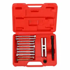 This puller is used for removing steering wheels, pulleys, and flywheels in automotive and industrial maintenance. It features an M11 x 1.25 thread size and includes five sets of cap screws for secure attachment during pulling operations.